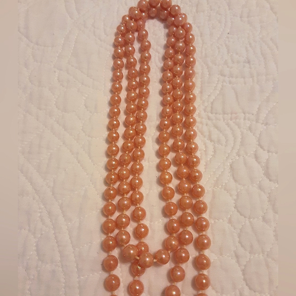 72" Long Pearly Peach Flapper Necklace Opalescent Opera Length